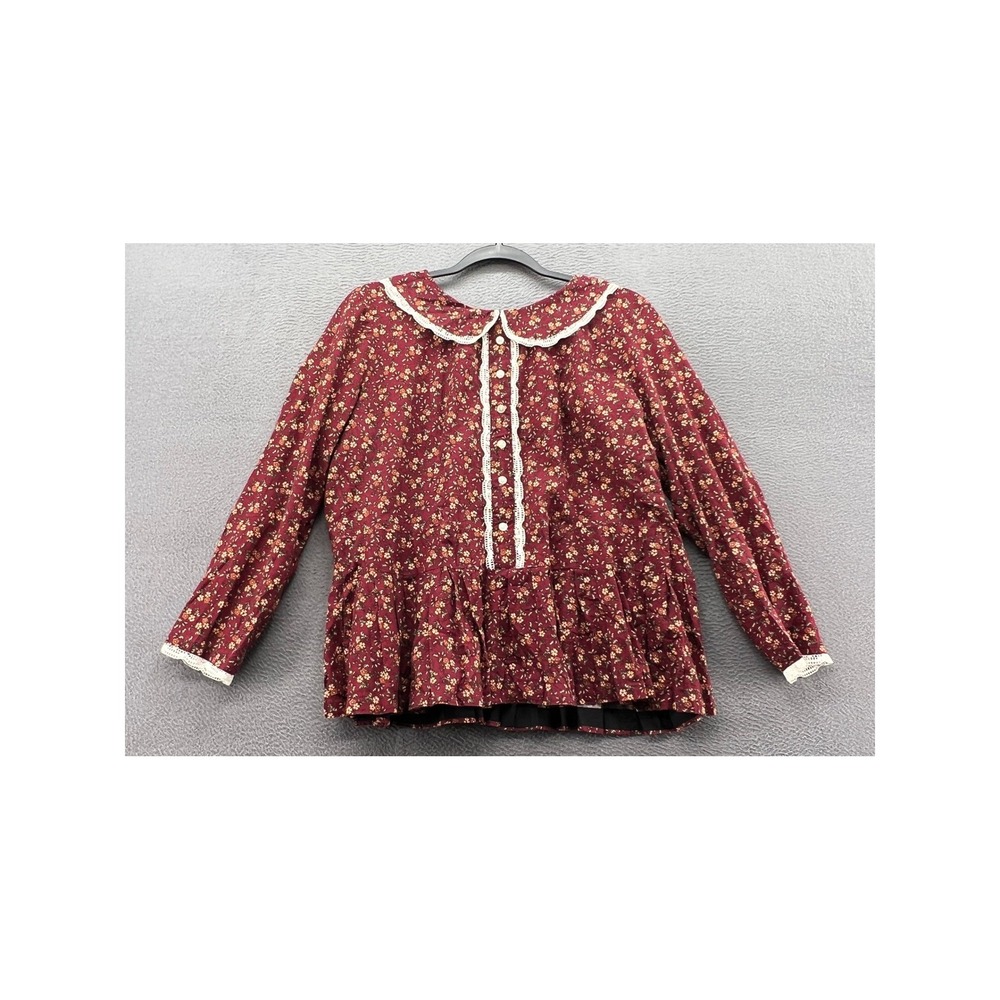 VTG Floral Peplum Blouse Burgundy Lace Trim Peter Pan Collar Cottagecore Handmad